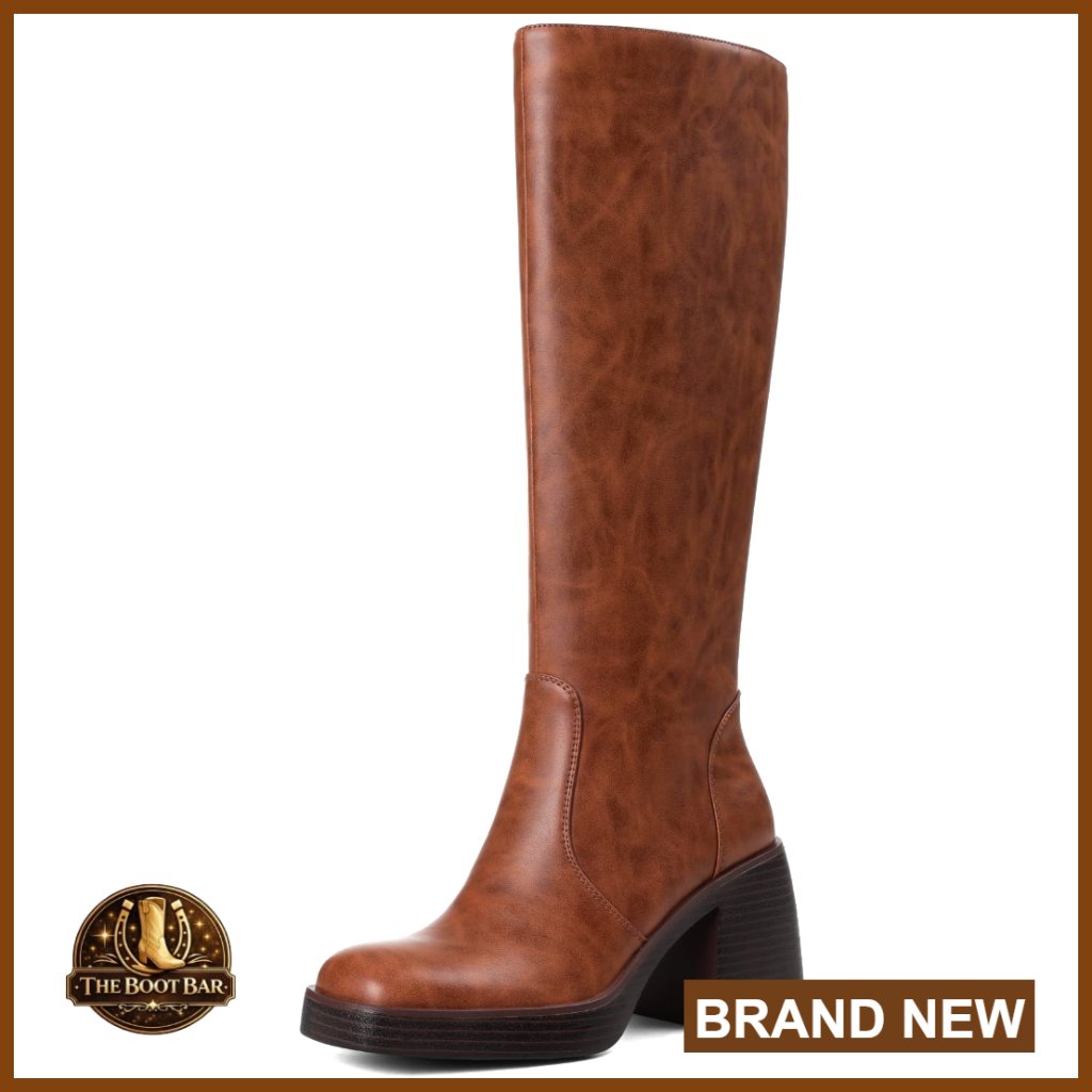 Faux Leather Knee High Boots Chunky Heel Platform Square Toe Side Zipper Wide